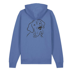 Black outline illustration of the head of a Great Dane on the back of a bright blue unisex Hoodie