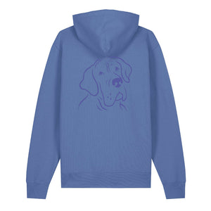 Blue outline illustration of the head of a Great Dane on the back of a bright blue unisex Hoodie