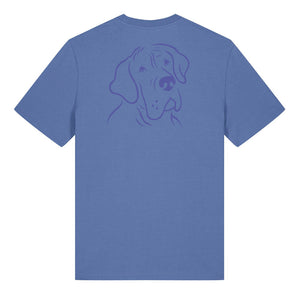 Blue outline illustration of the head of a Great Dane on the back of a bright blue unisex t-shirt