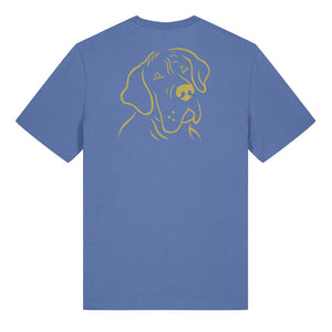 Gold outline illustration of the head of a Great Dane on the back of a bright blue unisex t-shirt