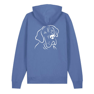 White outline illustration of the head of a Great Dane on the back of a bright blue unisex Hoodie