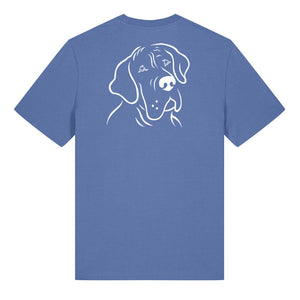White outline illustration of the head of a Great Dane on the back of a bright blue unisex t-shirt