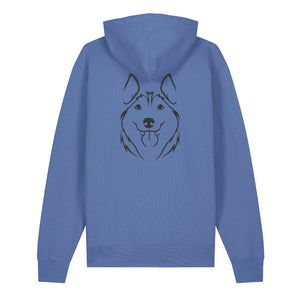 Black outline illustration of the head of a Husky on the back of a bright blue unisex Hoodie