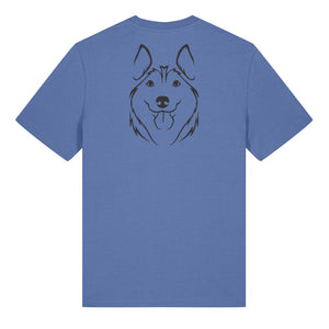 Black outline illustration of the head of a Husky on the back of a bright blue unisex t-shirt