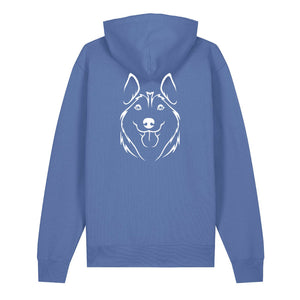 White outline illustration of the head of a Husky on the back of a bright blue unisex Hoodie
