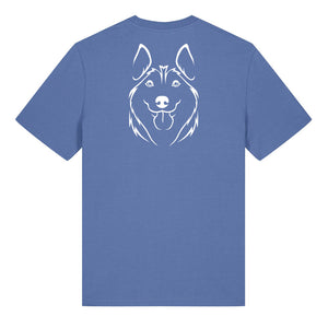 White outline illustration of the head of a Husky on the back of a bright blue unisex t-shirt