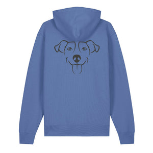 Black outline illustration of the head of a Jack Russell on the back of a bright blue unisex Hoodie