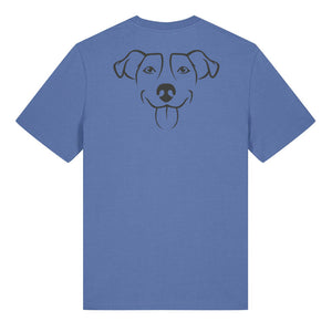 Black outline illustration of the head of a Jack Russell on the back of a bright blue unisex t-shirt