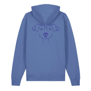Blue outline illustration of the head of a Jack Russell on the back of a bright blue unisex Hoodie