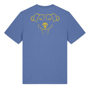 Gold outline illustration of the head of a Jack Russell on the back of a bright blue unisex t-shirt