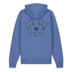 Black outline illustration of the head of a Labrador Retriever on the back of a bright blue unisex Hoodie