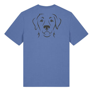 Black outline illustration of the head of a Labrador Retriever on the back of a bright blue unisex t-shirt