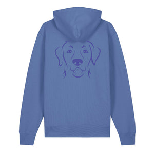 Blue outline illustration of the head of a Labrador Retriever on the back of a bright blue unisex Hoodie