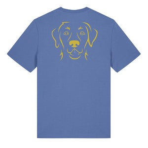 Gold outline illustration of the head of a Labrador Retriever on the back of a bright blue unisex t-shirt