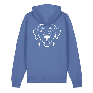 White outline illustration of the head of a Labrador Retriever on the back of a bright blue unisex Hoodie