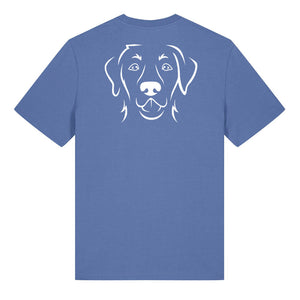 White outline illustration of the head of a Labrador Retriever on the back of a bright blue unisex t-shirt