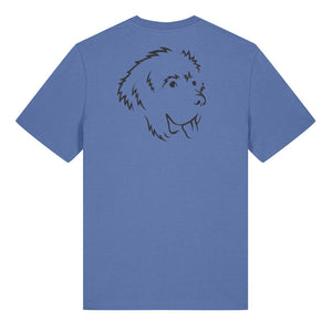 Black outline illustration of the head of a Newfoundland on the back of a bright blue unisex t-shirt