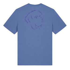 Blue outline illustration of the head of a Newfoundland on the back of a bright blue unisex t-shirt