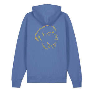 Gold outline illustration of the head of a Newfoundland on the back of a bright blue unisex Hoodie