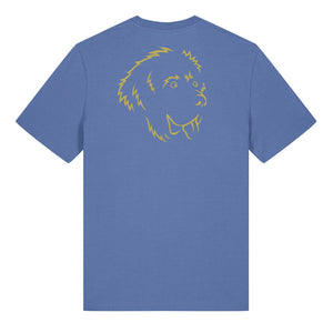 Gold outline illustration of the head of a Newfoundland on the back of a bright blue unisex t-shirt
