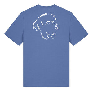 White outline illustration of the head of a Newfoundland on the back of a bright blue unisex t-shirt