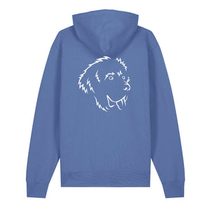 White outline illustration of the head of a Newfoundland on the back of a bright blue unisex Hoodie