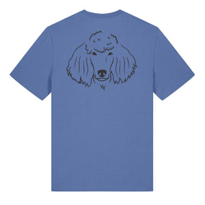 Black outline illustration of the head of a Poodle on the back of a bright blue unisex t-shirt