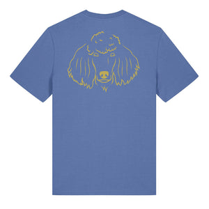 Gold outline illustration of the head of a Poodle on the back of a bright blue unisex t-shirt