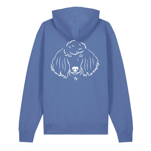 White outline illustration of the head of a Poodle on the back of a bright blue unisex Hoodie