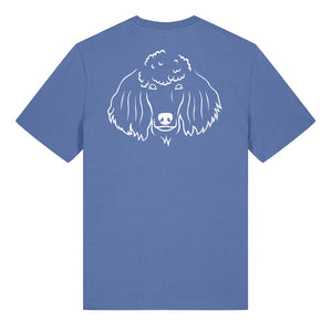 White outline illustration of the head of a Poodle on the back of a bright blue unisex t-shirt