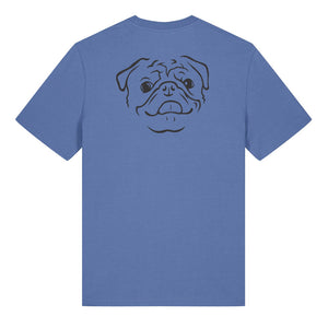 Black outline illustration of the head of a Pug on the back of a bright blue unisex t-shirt