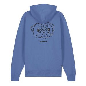 Black outline illustration of the head of a Pug on the back of a bright blue unisex Hoodie