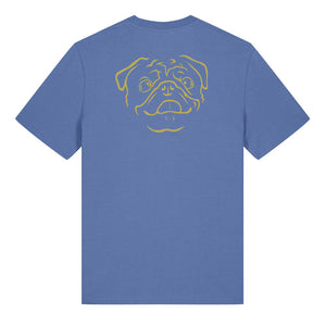 Gold outline illustration of the head of a Pug on the back of a bright blue unisex t-shirt