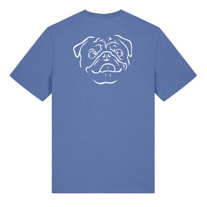White outline illustration of the head of a Pug on the back of a bright blue unisex t-shirt