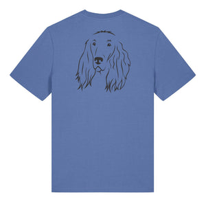 Black outline illustration of the head of an Irish Red Setter on the back of a bright blue unisex t-shirt