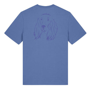 Blue outline illustration of the head of an Irish Red Setter on the back of a bright blue unisex t-shirt