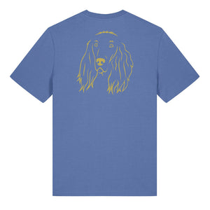 Gold outline illustration of the head of an Irish Red Setter on the back of a bright blue unisex t-shirt