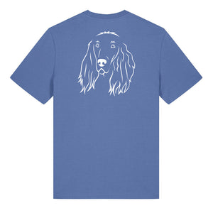 White outline illustration of the head of an Irish Red Setter on the back of a bright blue unisex t-shirt