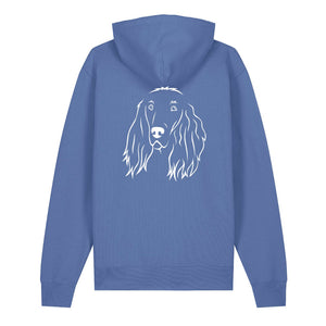 White outline illustration of the head of an Irish Red Setter on the back of a bright blue unisex Hoodie