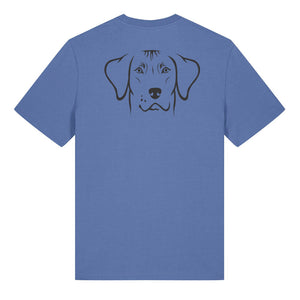 Black outline illustration of the head of a Rhodesian Ridgeback on the back of a bright blue unisex t-shirt