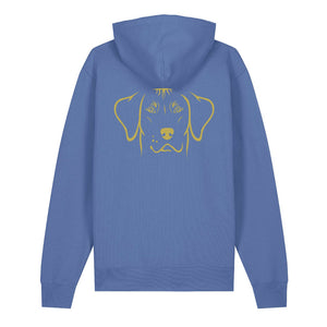 Gold outline illustration of the head of a Rhodesian Ridgeback on the back of a bright blue unisex Hoodie