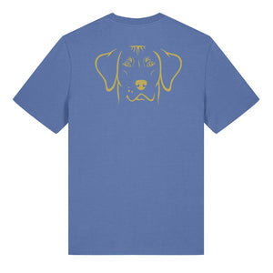 Gold outline illustration of the head of a Rhodesian Ridgeback on the back of a bright blue unisex t-shirt