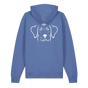 White outline illustration of the head of a Rhodesian Ridgeback on the back of a bright blue unisex Hoodie