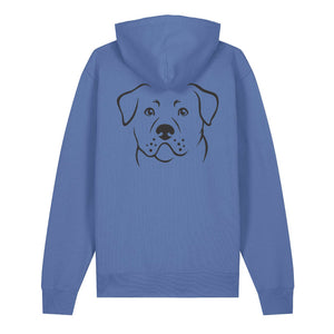 Black outline illustration of the head of a Rottweiler on the back of a bright blue unisex Hoodie
