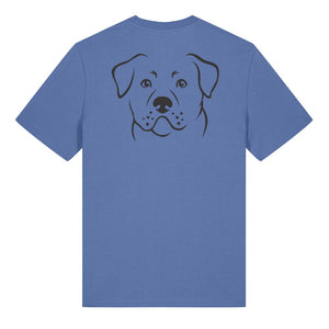 Black outline illustration of the head of a Rottweiler on the back of a bright blue unisex t-shirt