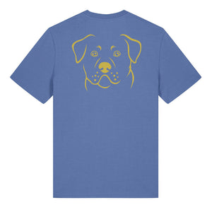 Gold outline illustration of the head of a Rottweiler on the back of a bright blue unisex t-shirt