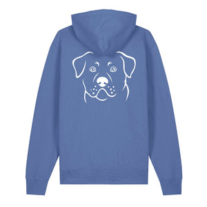 White outline illustration of the head of a Rottweiler on the back of a bright blue unisex Hoodie