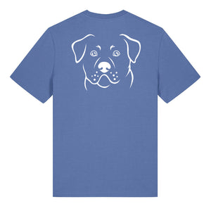 White outline illustration of the head of a Rottweiler on the back of a bright blue unisex t-shirt