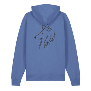 Black outline illustration of the head of a Rough Collie on the back of a bright blue unisex Hoodie