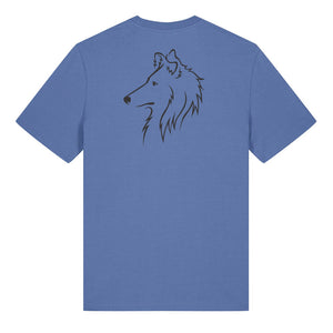 Black outline illustration of the head of a Rough Collie on the back of a bright blue unisex t-shirt